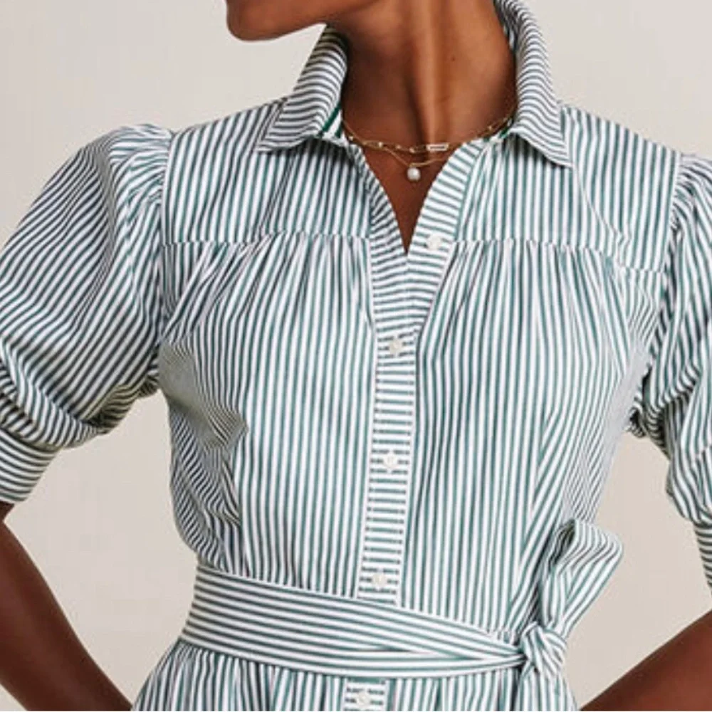 NWT👗 Puff Sleeve Midi Shirtdress👗Green & White Vertical Stripes - Picture 3 of 7